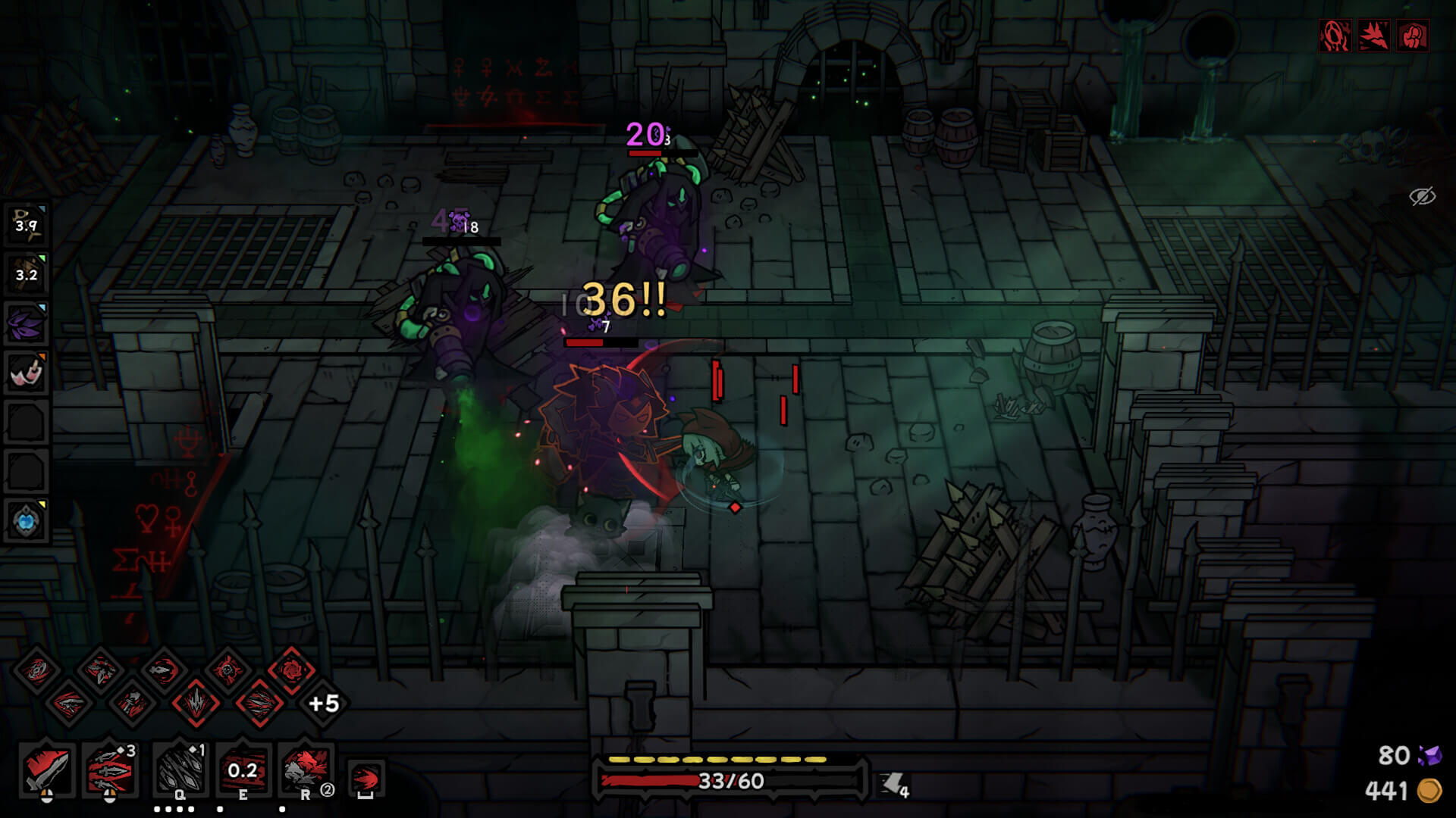 Cinderia dungeon combat screenshot with equipment and ability UI visible.